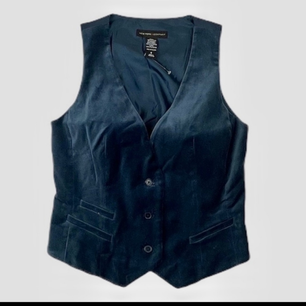 NY&Co. Blue Velvet V-Neck Single Breast Adjustable Waistcoat